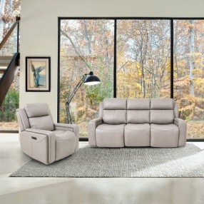 Armen Living Claude Dual Power Headrest and Lumbar Support Reclining 2 Piece Sofa And Recliner Set In Light Grey Genuine Leather