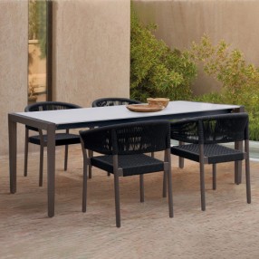 Armen Living Fineline And Doris Indoor Outdoor 5 Piece Dining Set In Dark Eucalyptus Wood With Superstone And Black Rope In Dark Brown