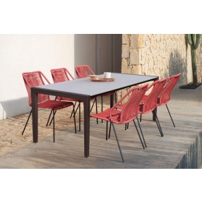 Armen Living Fineline And Clip Indoor Outdoor 7 Piece Dining Set In Dark Eucalyptus Wood With Superstone And Rope In Gray