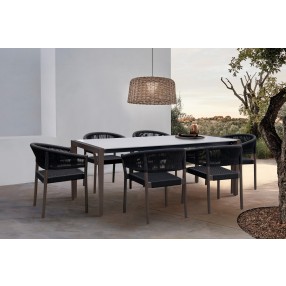 Armen Living Fineline And Doris Indoor Outdoor 7 Piece Dining Set In Dark Eucalyptus Wood With Superstone And Black Rope In Dark Brown | Fiber 10