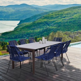 Armen Living Fineline And Clip Indoor Outdoor 9 Piece Dining Set In Dark Eucalyptus Wood With Superstone And Rope