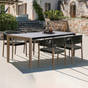 Armen Living Fineline And Doris Indoor Outdoor 5 Piece Dining Set In Light Eucalyptus Wood With Superstone With Charcoal Rope In Brown