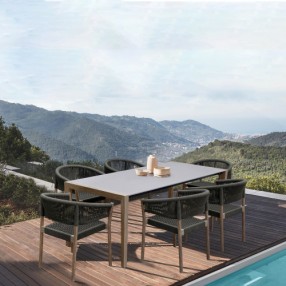 Armen Living Fineline And Doris Indoor Outdoor 7 Piece Dining Set In Light Eucalyptus Wood With Superstone With Charcoal Rope