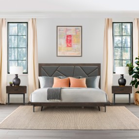  Marquis 3 Piece Queen Size Platform Bed Frame Bedroom Set in Oak Wood with Faux Leather Headboard 001