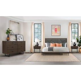 Armen Living Marquis 4 Piece Queen Size Platform Bed Frame Bedroom Set in Oak Wood With Faux Leather Headboard 