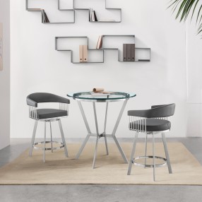 Armen Living Naomi and Chelsea 3-Piece Counter Height Dining Set in Brushed Stainless Steel and Grey Faux Leather