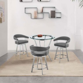 Armen Living Naomi and Chelsea 4-Piece Counter Height Dining Set in Brushed Stainless Steel and Grey Faux Leather in Gray 