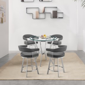 Armen Living Naomi and Chelsea 5-Piece Counter Height Dining Set in Brushed Stainless Steel and Grey Faux Leather Set
