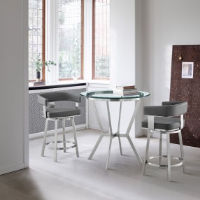 Armen Living Naomi and Lorin 3-Piece Counter Height Dining Set in Brushed Stainless Steel and Grey Faux Leather
