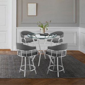 Armen Living Naomi and Valerie 5-Piece Counter Height Dining Set in Brushed Stainless Steel and Grey Faux Leather