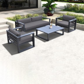 Armen Living Aelani Outdoor 4 piece Set in Dark Grey Finish and Charcoal Cushions