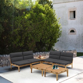 Armen Living Arno Outdoor 7 Piece Teak Wood Seating Set in Charcoal Olefin