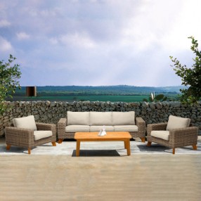 Armen Living Bahamas Outdoor 4 Piece Wicker & Teak Sofa Seating Set with Beige Olefin