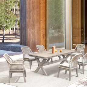 Armen Living Costa 7-Piece Patio Outdoor Dining Set in Grey Acacia Wood and Rope