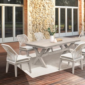 Armen Living Costa Outdoor Patio 7-Piece Dining Table Set With Side Chairs In Grey Acacia Wood And Rope