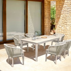 Armen Living Haiti 7-Piece Patio Outdoor Dining Set With Arm Chairs In Grey Acacia Wood With Rope