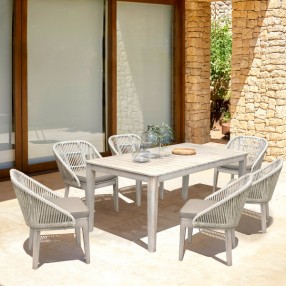 Armen Living Haiti 7-Piece Patio Outdoor Dining Set With Side Chairs In Grey Acacia Wood With Rope 6
