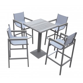 Marina Outdoor Patio Set Grey Finish and Grey Wood Top (Table with 4 barstools) - White BG