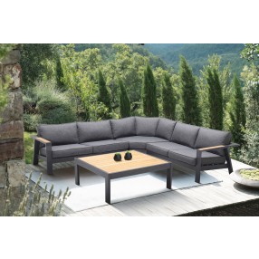 Armen Living Palau 4 Piece Outdoor Sectional Set with Cushions in Dark Grey and Natural Teak Wood Accent
