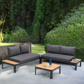 Armen Living Portals Outdoor 3 Piece Sofa Set in Black Finish with Natural Teak Wood Top Accent
