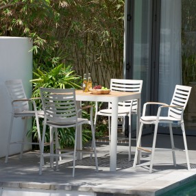 Armen Living Portals 5 Piece Outdoor Patio Aluminum Bar Set with Natural Teak wood Accent Top in Light Matte Sand Finish