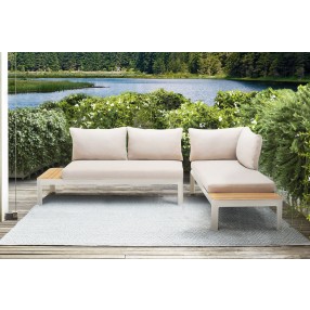 Armen Living Portals Outdoor 2 Piece Sofa Set in Light Matte Sand Finish with Beige Cushions and Natural Teak Wood Accent