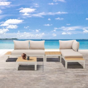 Armen Living Portals Outdoor 4 Piece Sofa set in Matte Sand Finish with Natural Teak Wood