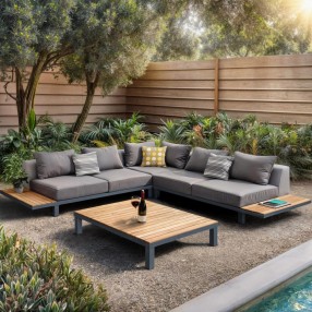 Armen Living Polo 4 piece Outdoor Sectional Set with Dark Gray Cushions and Modern Accent Pillows - Lifestyle 2