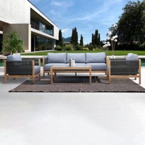 Armen Living Sienna 4 Piece Acacia Wood Outdoor Sofa Seating Set with Teak Finish and Grey Cushions