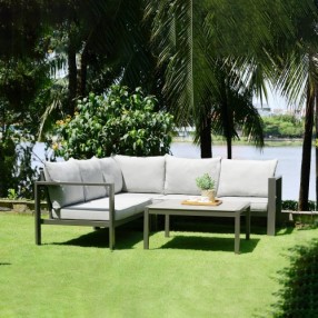 Armen Living Solana Outdoor Sectional Set in Cosmos Finish with Grey Cushions and Coffee Table