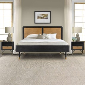 Saratoga 3 Piece Queen Bedroom Set in Black Acacia Wood and Rattan