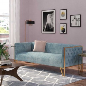 Manhattan Comfort Vector 81.5 in. Ocean Blue and Gold Velvet 3-Seat Sofa