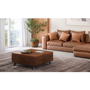 Furnitech 48” Mid-Century Modern Coffee Table in a Cognac Finish over Brazilian Cherry Wood Veneers and Solid Black Cherry Wood Legs - Lifestyle