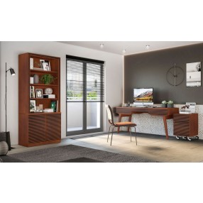 Furnitech 66" Mid - Century Modern Writing Desk with a cognac finish over Brazilian cherry veneers; solid Brazilian cherry wood legs - Lifestyle