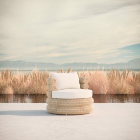 Azzurro Texoma Swivel Club Chair In Natural Aluminum And Almond All-Weather Wicker With Cloud Cushion - Lifestyle