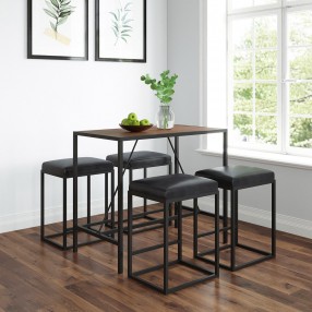  Vifah Riley Mid-Century 5-Piece Indoor Walnut Metal Bar Set with Black Seats - Angled