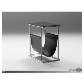 Cor Magazine Rack Black Tempered Glass Black Leather Magazine Sling with Polished Stainless Steel 
