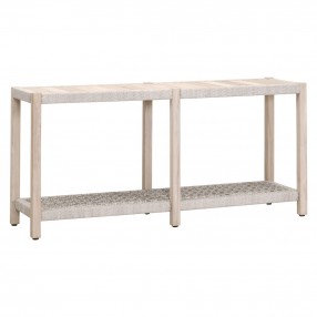 Essentials For Living Wrap Outdoor Console Table - Taupe & White Flat Rope, Gray Teak - Front Side Angle