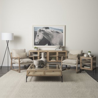 Mercan Arelius Light Brown Wood Black Metal Base w/ 4 Glass Cabinet Doors Sideboard Room View