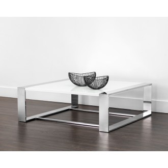 Sunpan Dalton Coffee Table - Square in High Gloss White and Stainless Steel Frame - Lifestyle