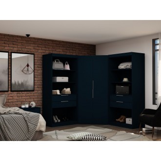 Manhattan Comfort Mulberry 2.0 Semi Open 3 Sectional Modern Wardrobe Corner Closet with 4 Drawers - Set of 3 in Tatiana Midnight Blue