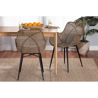 Baxton Studio Ballerina Modern Bohemian Greywashed Rattan and Black Metal 2-Piece Dining Chair Set - Lifestyle