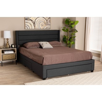 Baxton Studio Braylon Mid-Century Modern Transitional Charcoal Grey Fabric and Dark Brown Finished Wood Queen Size 3-Drawer Storage Platform Bed - Lifestyle