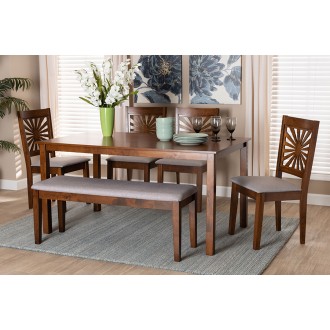 Baxton Studio Olympia Modern Grey Fabric and Walnut Brown Finished Wood 6-Piece Dining Set - Lifestyle