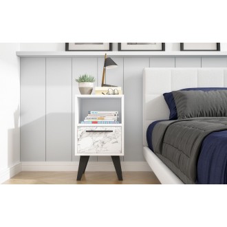 Manhattan Comfort Mid-Century- Modern Amsterdam Nightstand 1.0 with 1 Shelf in White Marble