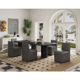 Manhattan Comfort Anna Modern Square Faux Leather Dining Chair in Pewter Full Set