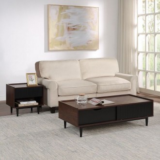 Manhattan Comfort Duane Modern Ribbed End Table and Coffee Table in Dark Brown And Black