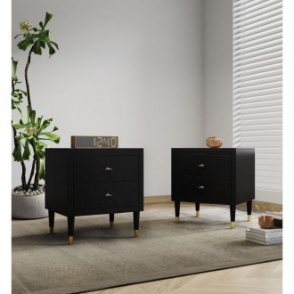 Manhattan Comfort Stanton Modern Nightstand with 2 Full Extension Drawers and Solid Wood Legs in Black - Set of 2