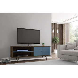 Manhattan Comfort Liberty 62.99 Mid-Century Modern TV Stand and Panel with Solid Wood Legs in Rustic Brown and Aqua Blue