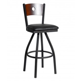 Darby Circle Wood Back Swivel Barstool In Steel Frame And Sand Black Finish 